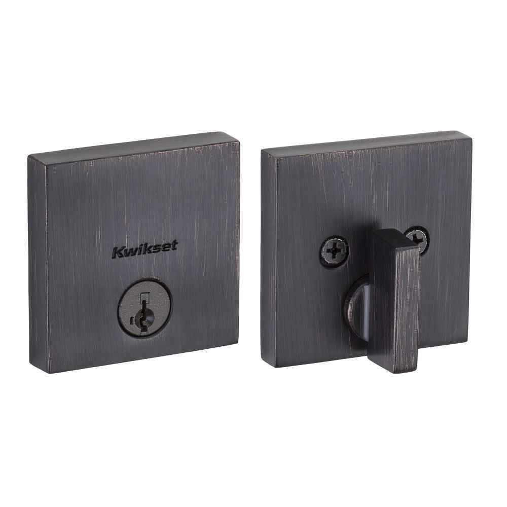 Kwikset 258SQT Downtown Square Contemporary Low Profile Single Cylinder SmartKey Deadbolt in Venetian Bronze