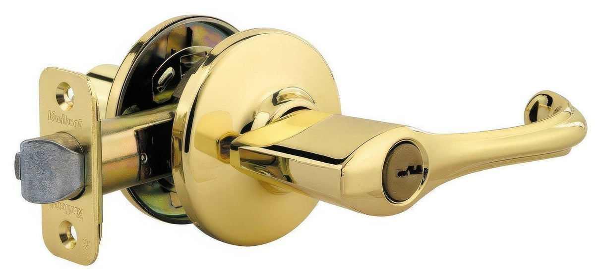 Kwikset 405DNL-26V1 Dorian keyed entry lever in polished brass, additional view