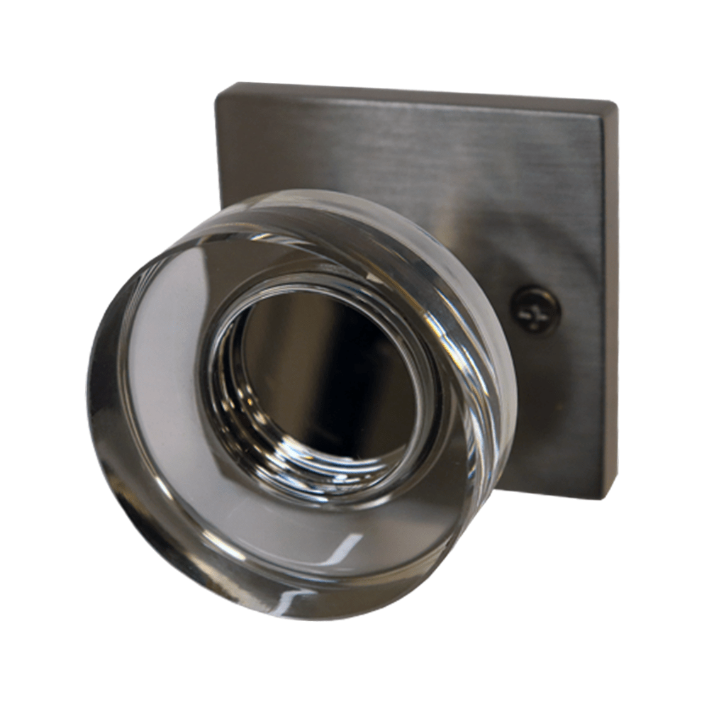 Emtek Disc Glass Knob 2-3/8" Backset Passage with Square Rose for 1-1/4" to 2" Door - Reversible in Satin Nickel