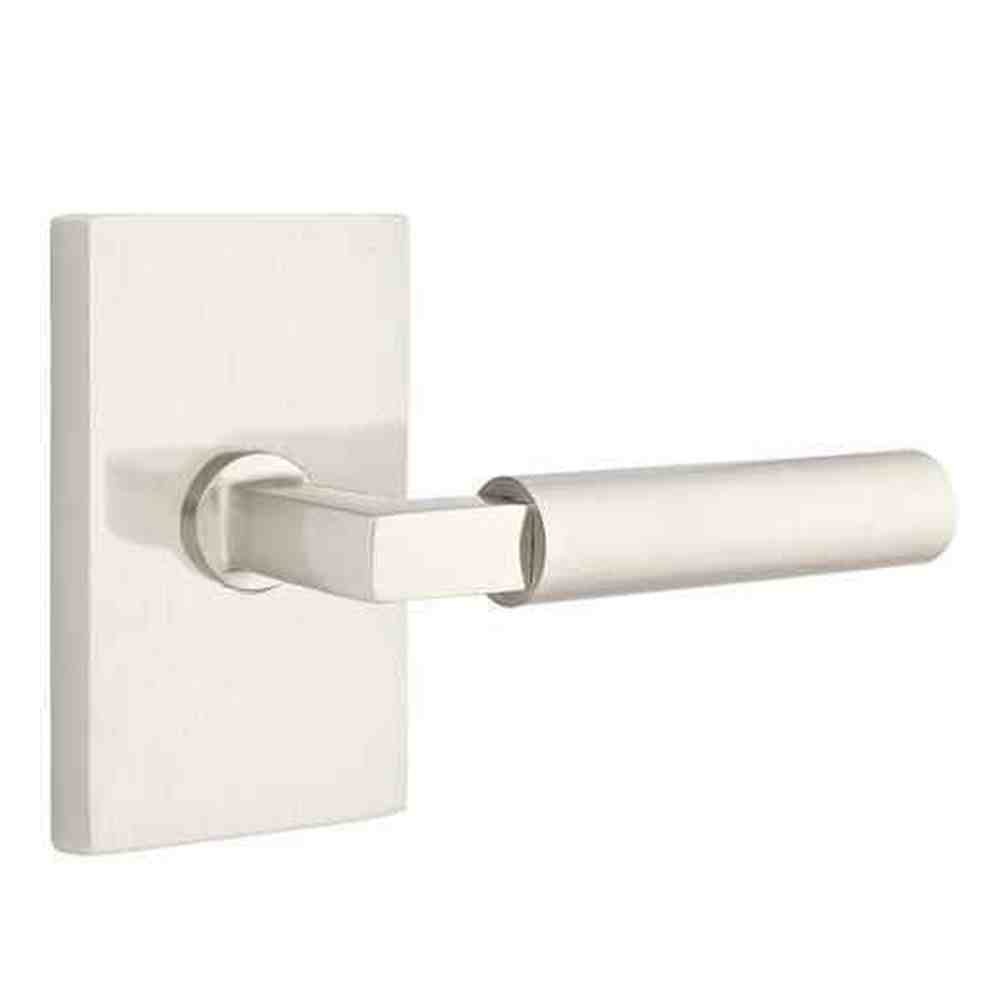Emtek Lever Left Hand 2-3/8" Backset Passage with Modern Rectangular Rose for 1-1/4" to 2" Door in Satin Nickel