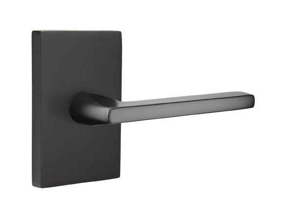 Emtek Lever Left Hand 2-3/8" Backset with Radius Latch Strike Passage with Modern Rectangular Rose for 1-1/4" to 2" Door Flat Black