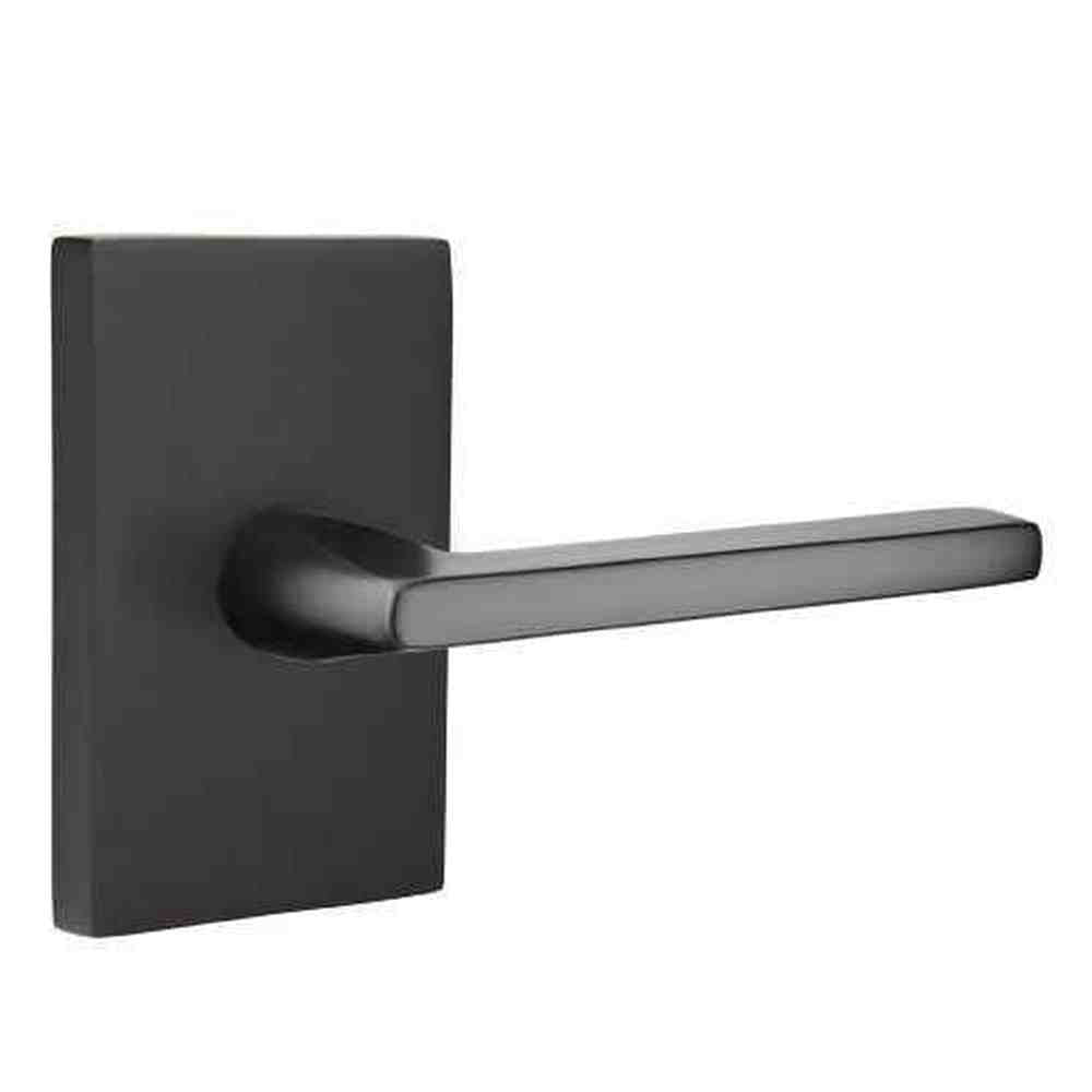 Emtek Lever Left Hand 2-3/8" Backset with Radius Latch Strike Passage with Modern Rectangular Rose for 1-1/4" to 2" Door Flat Black