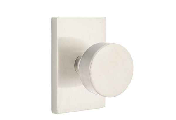 Emtek Knob 2-3/8" Backset with Radius Latch Strike Passage with Modern Rectangular Rose for 1-1/4" to 2" Door - Reversible Satin Nickel