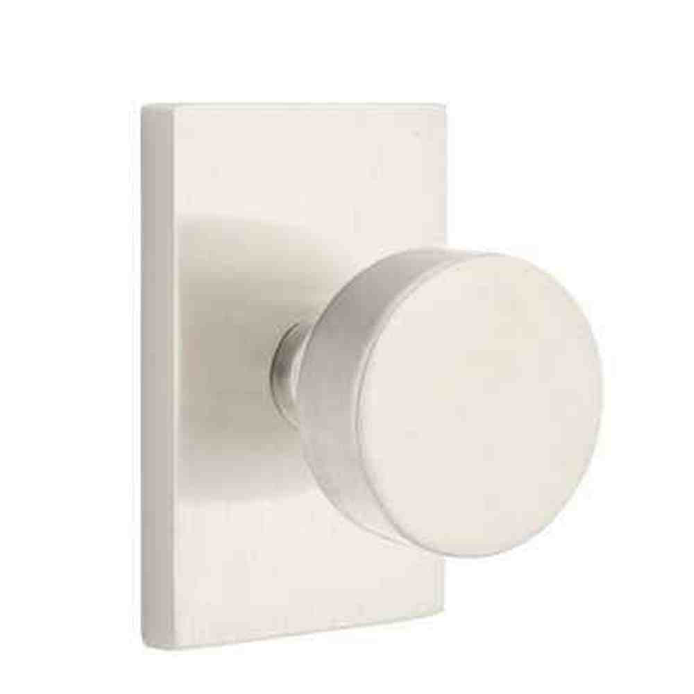 Emtek Knob 2-3/8" Backset with Radius Latch Strike Passage with Modern Rectangular Rose for 1-1/4" to 2" Door - Reversible Satin Nickel