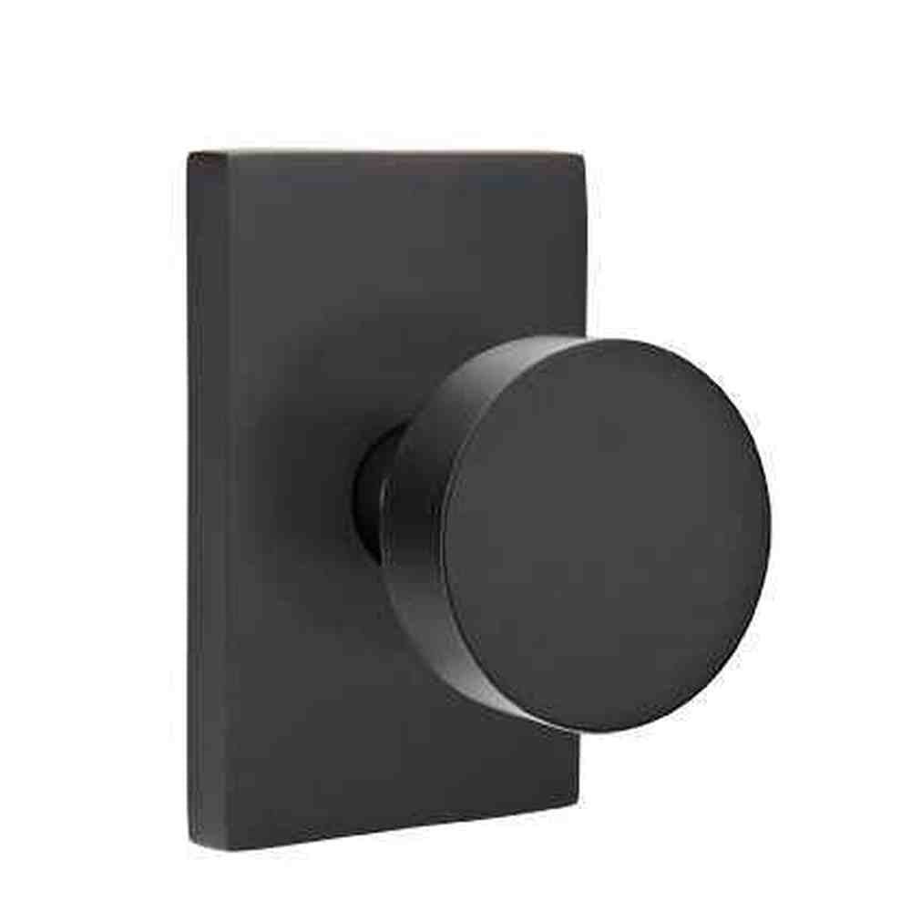 Emtek Knob 2-3/8" Backset with Radius Latch Strike Passage with Modern Rectangular Rose for 1-1/4" to 2" Door - Reversible Flat Black