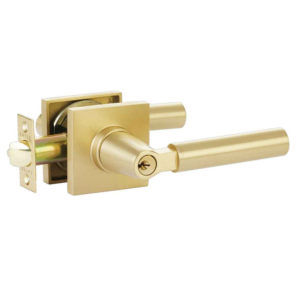 Emtek Lever Right Hand 2-3/8" and 2-3/4" Backset Keyed Entry with Square Rose for 1-3/8" to 2-1/16" Door in Satin Brass