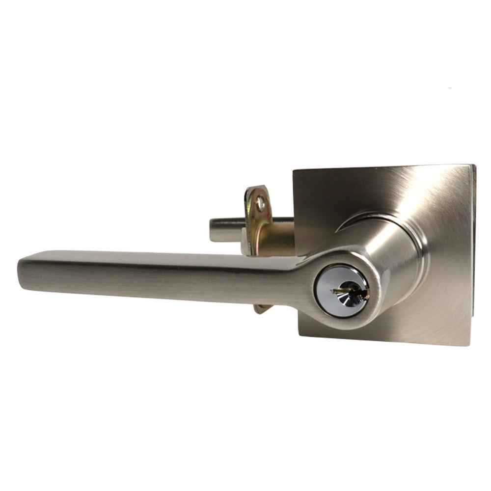 Emtek Lever Left Hand 2-3/8" and 2-3/4" Backset with Radius Latch Strike Keyed Entry with Square Rose for 1-3/8" to 2-1/16" Door in Satin Nickel