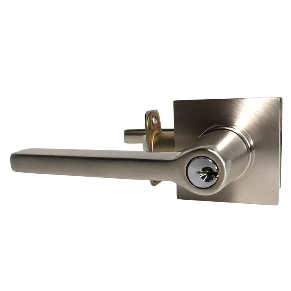 Emtek Lever Left Hand 2-3/8" and 2-3/4" Backset with Radius Latch Strike Keyed Entry with Square Rose for 1-3/8" to 2-1/16" Door in Satin Nickel