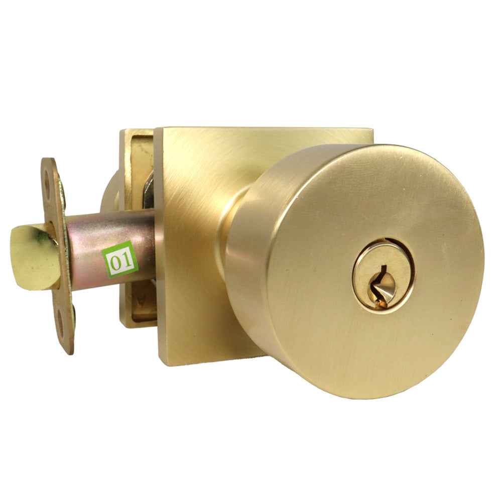 Emtek Knob 2-3/8" and 2-3/4" Backset with Radius Latch Strike Keyed Entry with Square Rose for 1-3/8" to 2-1/16" Door in Satin Brass