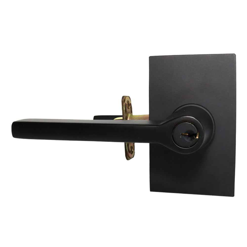 Emtek Lever Left Hand 2-3/8" and 2-3/4" Backset with Radius Latch Strike Keyed Entry with Modern Rectangular Rose for 1-3/8" to 2-1/16" Door in Flat Black