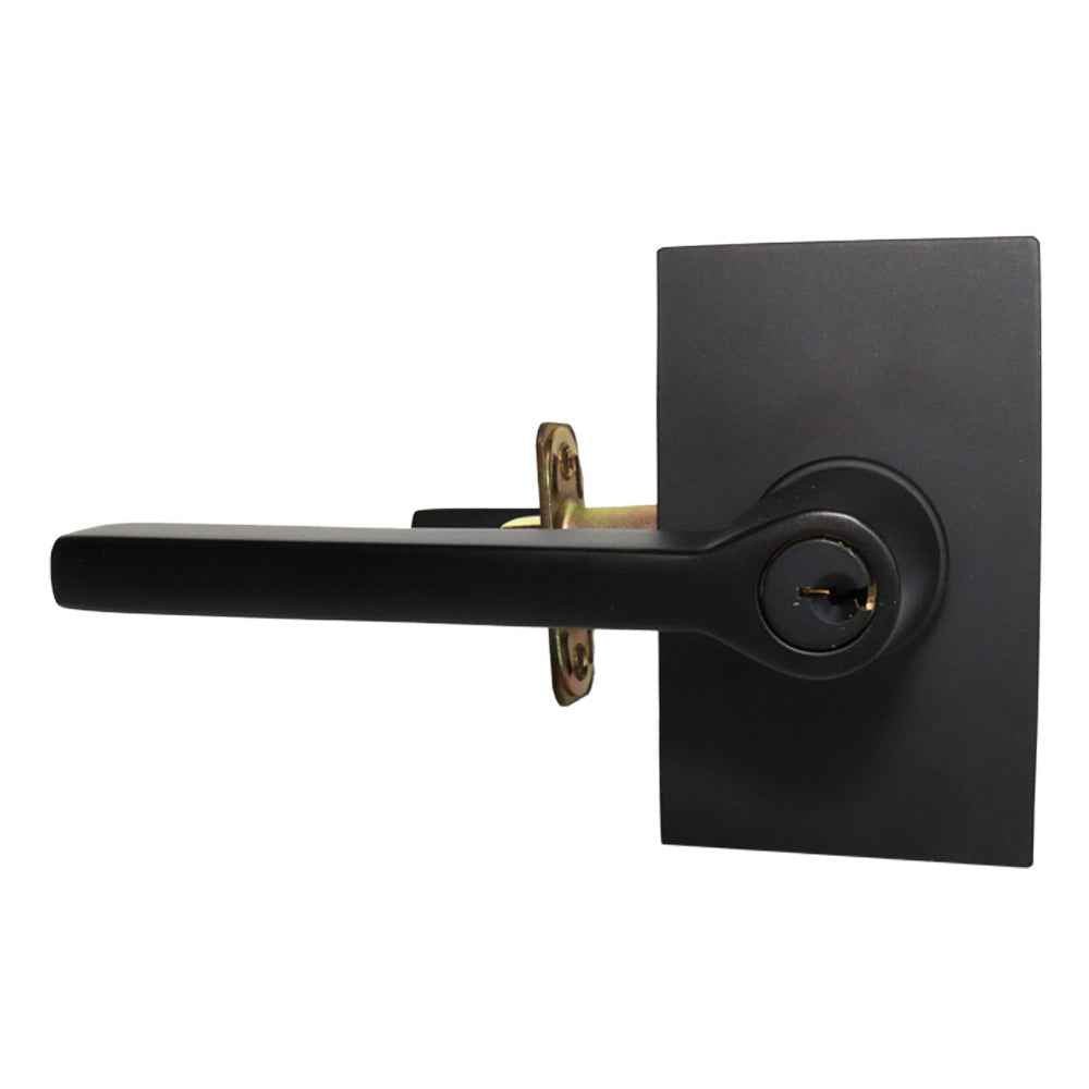 Emtek Lever Left Hand 2-3/8" and 2-3/4" Backset with Radius Latch Strike Keyed Entry with Modern Rectangular Rose for 1-3/8" to 2-1/16" Door in Flat Black