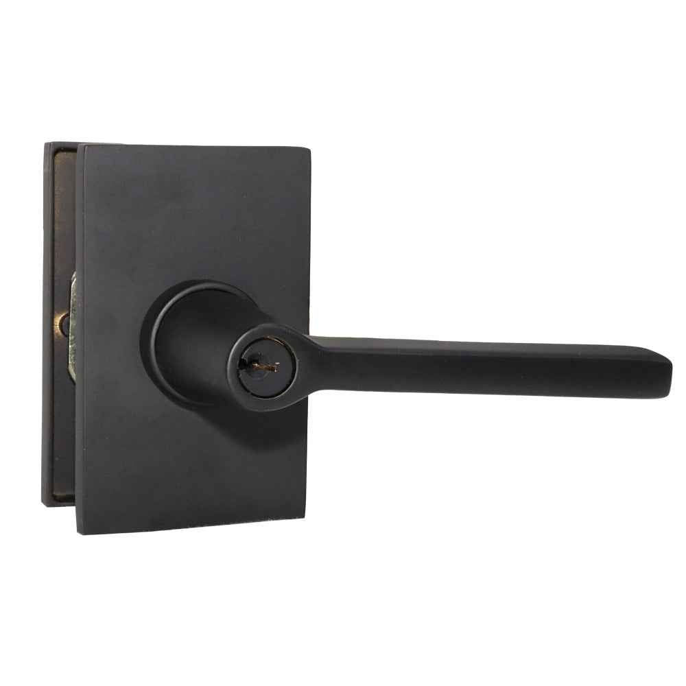 Emtek Lever Right Hand 2-3/8" and 2-3/4" Backset with Radius Latch Strike Keyed Entry with Modern Rectangular Rose for 1-3/8" to 2-1/16" Door in Flat Black