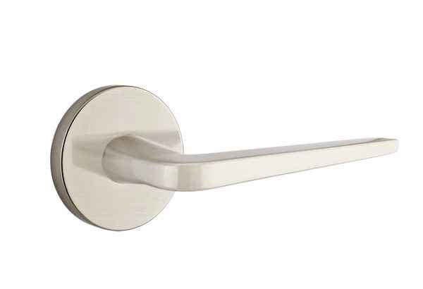 Emtek Lever Left Hand 2-3/8" Backset Privacy with Disk Rose for 1-1/4" to 2" Door in Satin Nickel