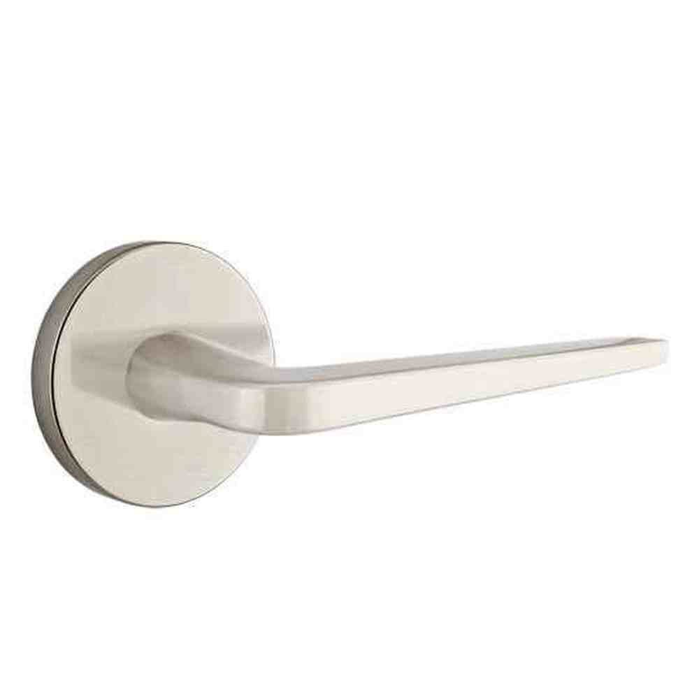 Emtek Lever Left Hand 2-3/8" Backset Privacy with Disk Rose for 1-1/4" to 2" Door in Satin Nickel