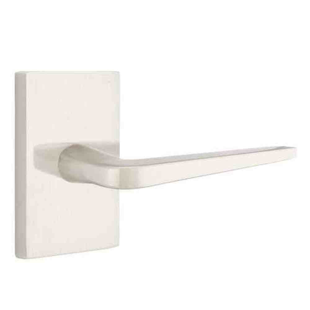 Emtek Lever Left Hand 2-3/8" Backset Privacy with Modern Rectangular Rose for 1-1/4" to 2" Door in Satin Nickel
