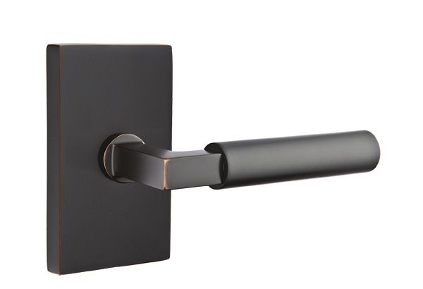 Emtek Lever Left Hand 2-3/8" Backset Privacy with Modern Rectangular Rose for 1-1/4" to 2" Door in Oil Rubbed Bronze