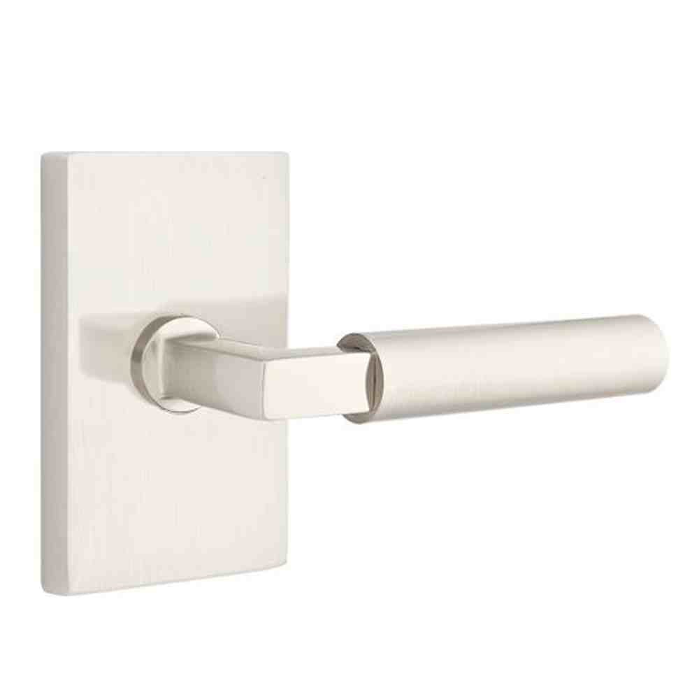 Emtek Lever Left Hand 2-3/8" Backset Privacy with Modern Rectangular Rose for 1-1/4" to 2" Door in Satin Nickel