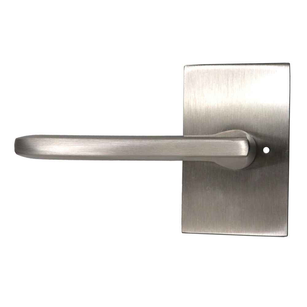 Emtek Lever Left Hand 2-3/8" Backset with Radius Latch Strike Privacy with Modern Rectangular Rose for 1-1/4" to 2" Door in Satin Nickel