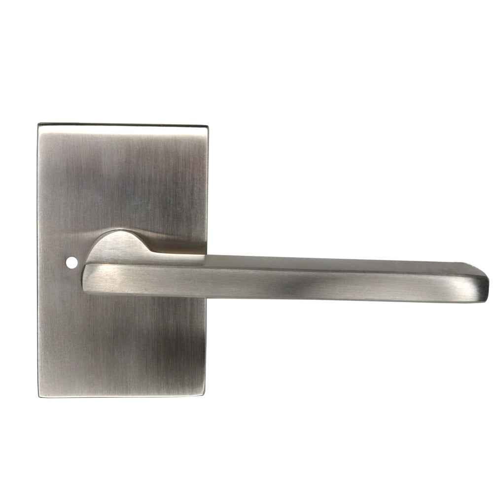 Emtek Lever Right Hand 2-3/8" Backset with Radius Latch Strike Privacy with Modern Rectangular Rose for 1-1/4" to 2" Door in Satin Nickel