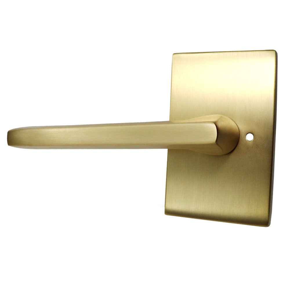 Emtek Lever Left Hand 2-3/8" Backset with Radius Latch Strike Privacy with Modern Rectangular Rose for 1-1/4" to 2" Door in Satin Brass