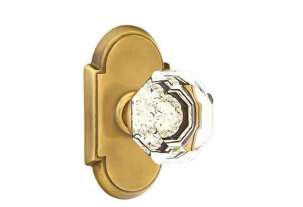 Emtek Town Glass Knob 2-3/8" Backset Passage with # 8 Rose for 1-1/4" to 2" Door - Reversible in French Antique Brass