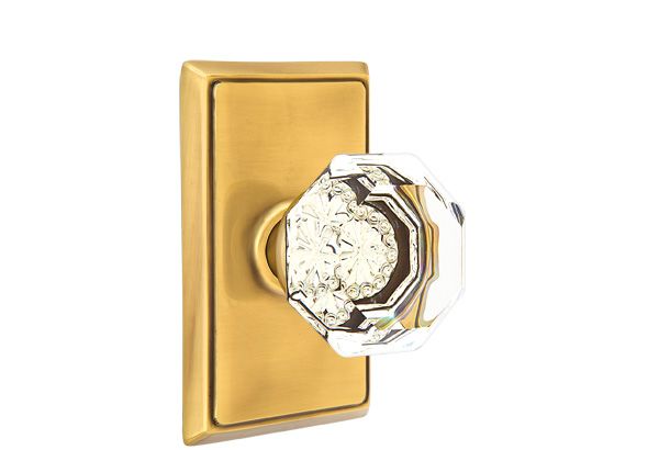 Emtek Town Glass Knob 2-3/8" Backset Passage with Rectangular Rose for 1-1/4" to 2" Door - Reversible in French Antique Brass