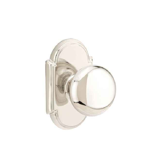 Emtek Knob 2-3/8" Backset Privacy with # 8 Rose for 1-1/4" to 2" Door - Reversible in Polished Nickel Lifetime