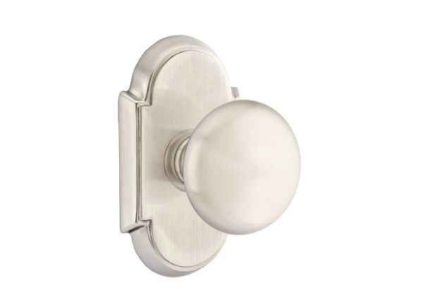 Emtek Knob 2-3/8" Backset Privacy with # 8 Rose for 1-1/4" to 2" Door - Reversible in Satin Nickel