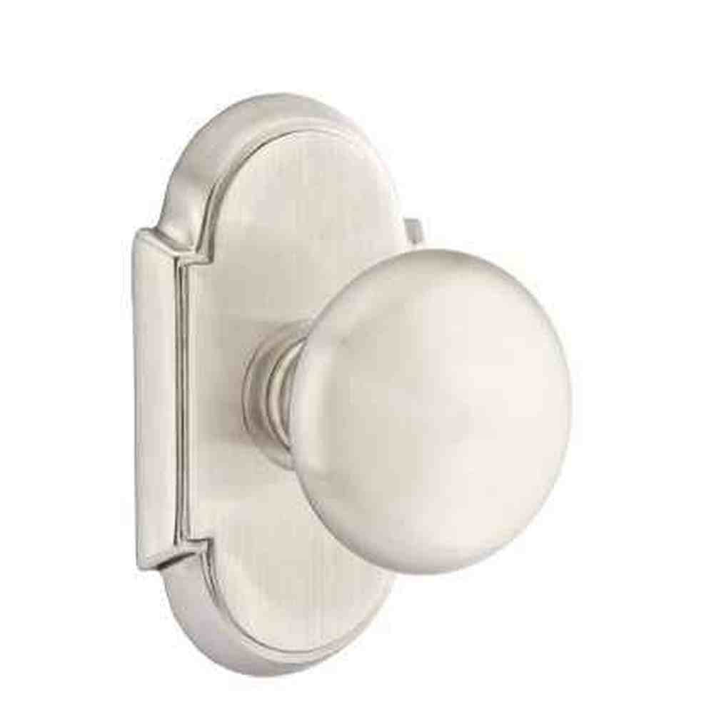 Emtek Knob 2-3/8" Backset Privacy with # 8 Rose for 1-1/4" to 2" Door - Reversible in Satin Nickel