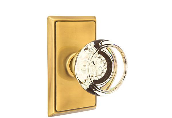 Emtek Glass Knob 2-3/8" Backset Privacy with Rectangular Rose for 1-1/4" to 2" Door - Reversible in French Antique Brass
