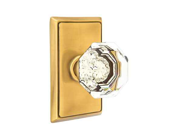 Emtek Town Glass Knob 2-3/8" Backset Privacy with Rectangular Rose for 1-1/4" to 2" Door - Reversible in French Antique Brass