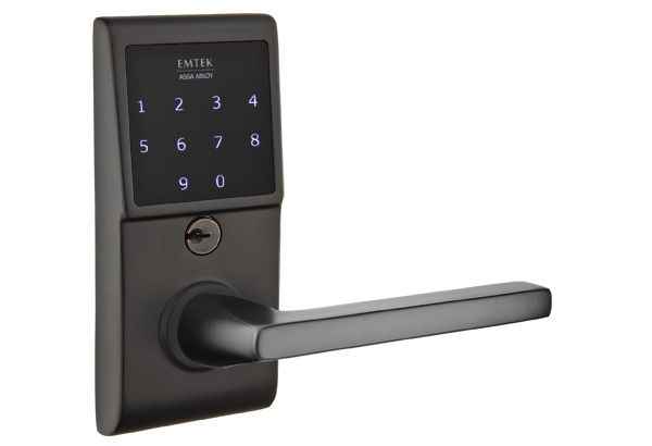 Emtek Lever Right Hand 2-3/8" and 2-3/4” Backset Single Cylinder Emtouch™ Electronic Leverset Touchscreen Lockset for 1-3/4" to 2-1/4" Door in Flat Black