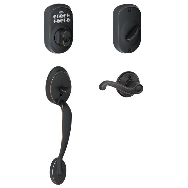 Schlage FE365PLY619FLARH satin nickel electronic keypad handleset