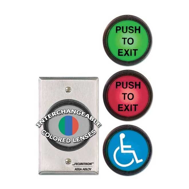 Securitron PB-5 2 Inch Push Button Round Momentary Single Gang DPST with Light and Red / Green / Handicap Satin Stainless Steel Finish