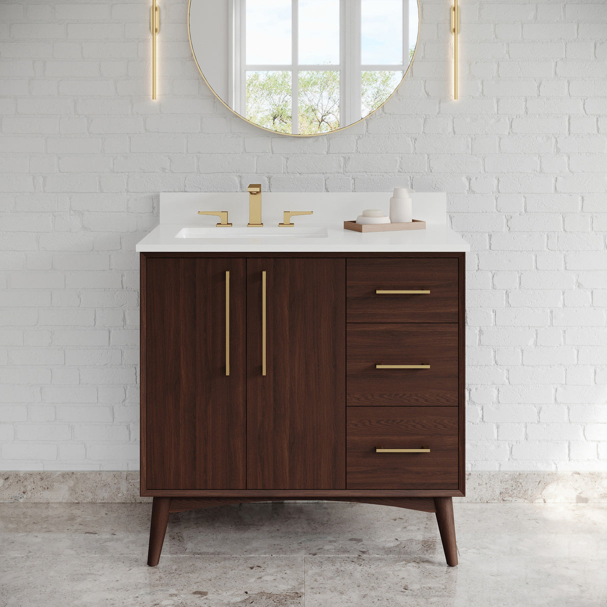 Jeffrey Alexander Dashwood Dark Walnut Single Sink Bathroom Vanity with White Quartz Top - 8 in. Widespread Faucet Top - VKITDAS36DWWQR