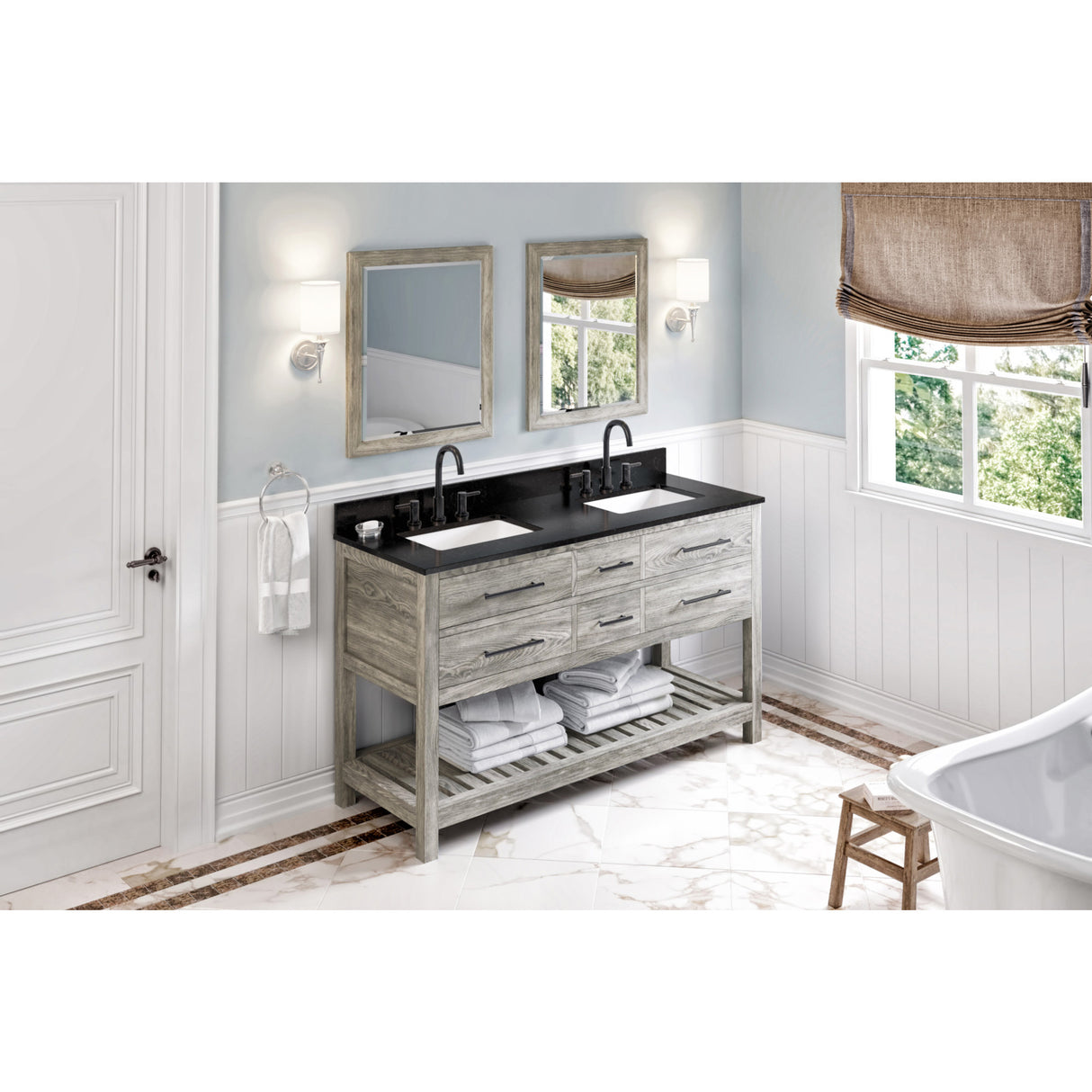 Jeffrey Alexander Wavecrest 60" Weathered Grey Double Sink Bathroom Vanity with Black Granite Top - 8 in. Widespread Faucet Top