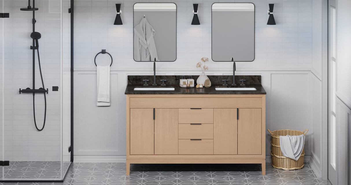 Jeffrey Alexander Theodora 60" Natural Oak Double Sink Bathroom Vanity with Blue Limestone Top - 8 in. Widespread Faucet Top product image 6