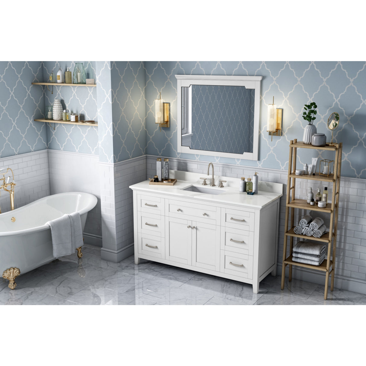 Jeffrey Alexander Chatham 60" White Double Sink Bathroom Vanity with Calacatta Vienna Quartz Top - 8 in. Widespread Faucet Top - VKITCHA60SWHCQR