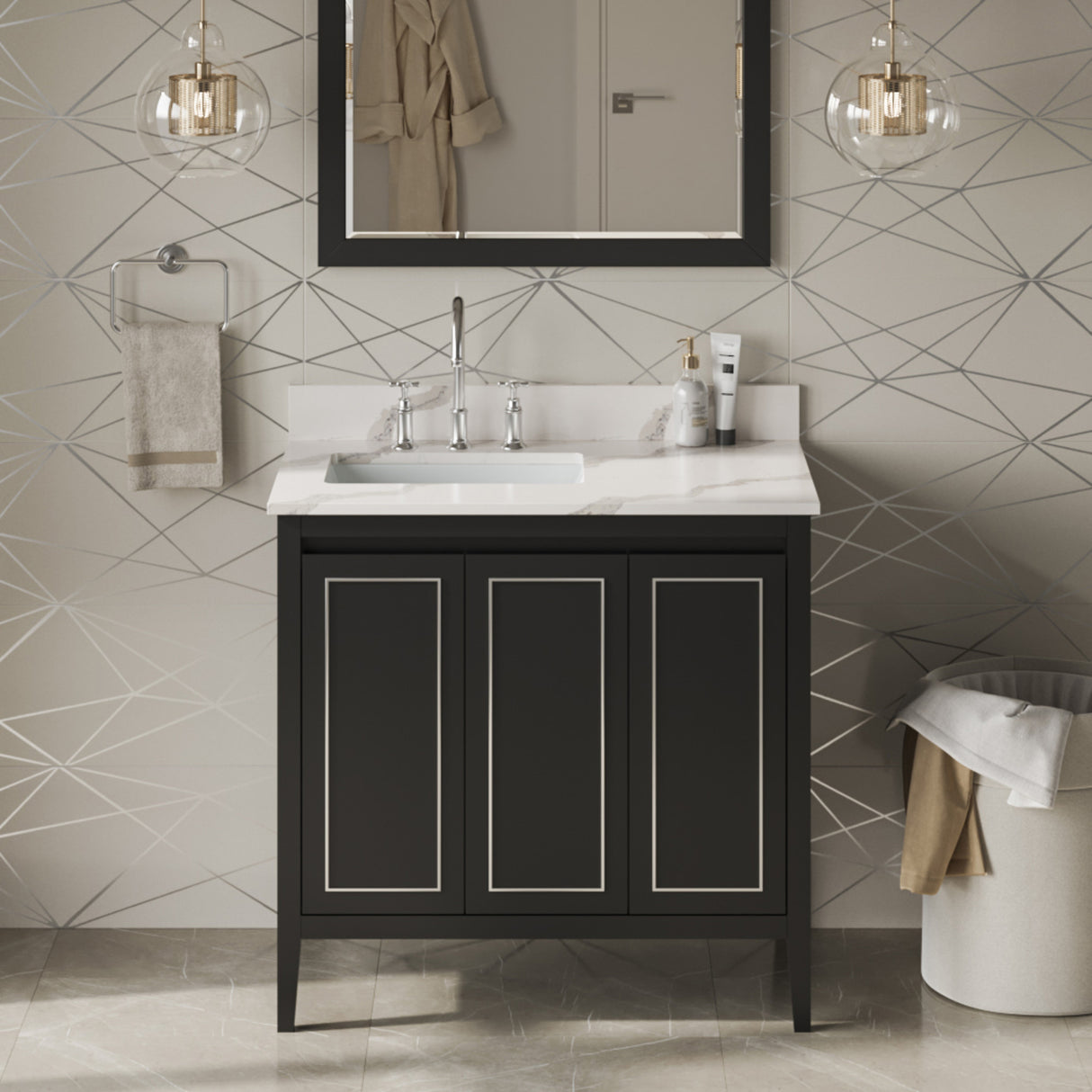 Jeffrey Alexander Percival 36" Black Single Sink Bathroom Vanity with Calacatta Vienna Quartz Top - 8 in. Widespread Faucet Top product image 2