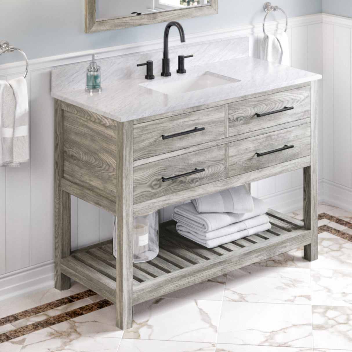 Jeffrey Alexander Wavecrest 48" Weathered Grey Single Sink Bathroom Vanity with White Carrara Marble Top - 8 in. Widespread Faucet Top product image 2