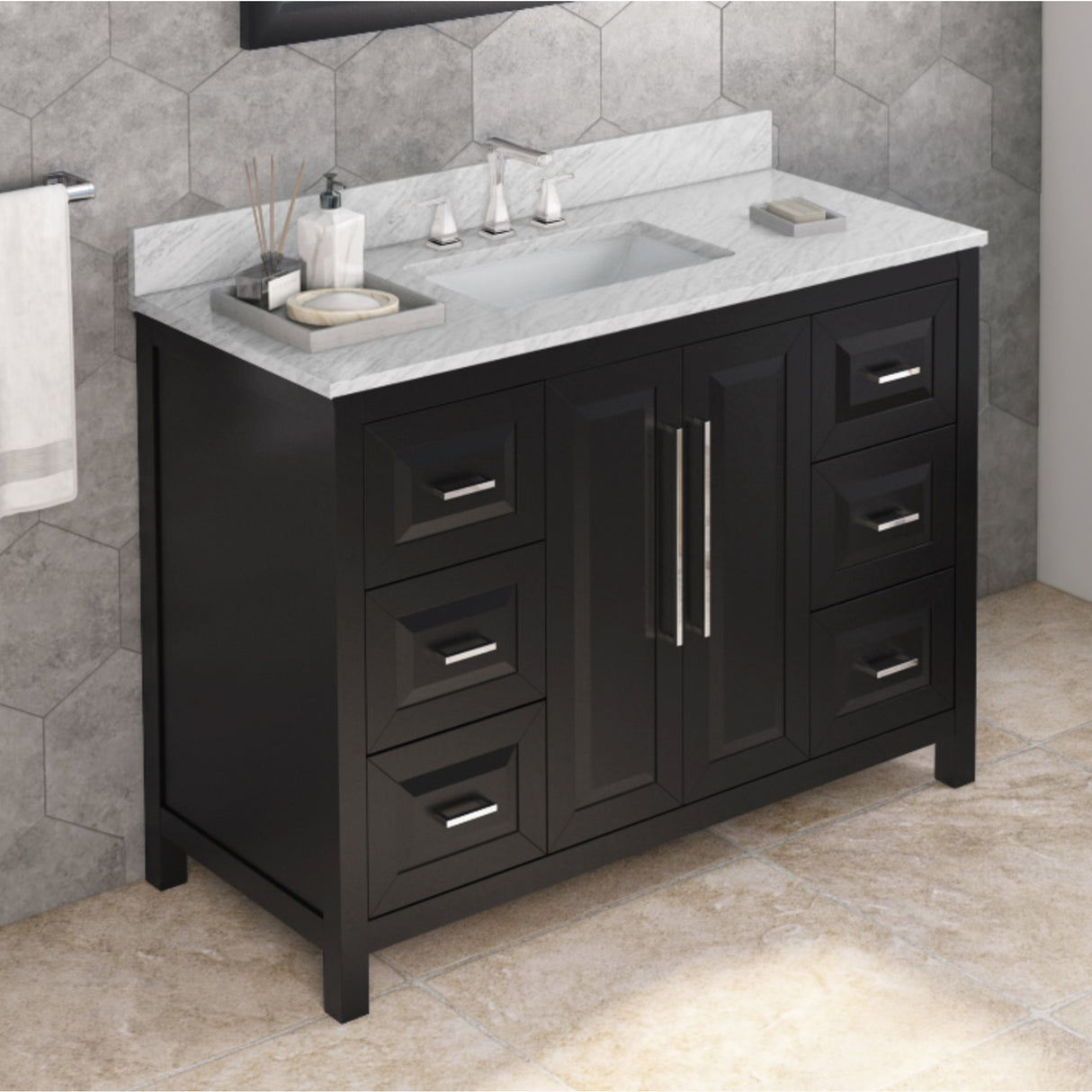 Jeffrey Alexander Cade 48" Black Single Sink Bathroom Vanity with White Carrara Marble Top - 8 in. Widespread Faucet Top product image 2