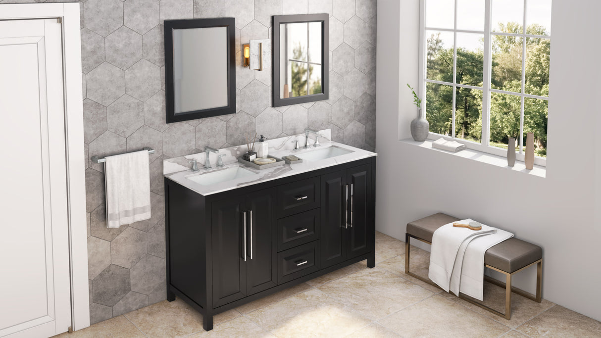 Jeffrey Alexander Cade 60" Black Double Sink Bathroom Vanity with Calacatta Vienna Quartz Top - 8 in. Widespread Faucet Top product image 7