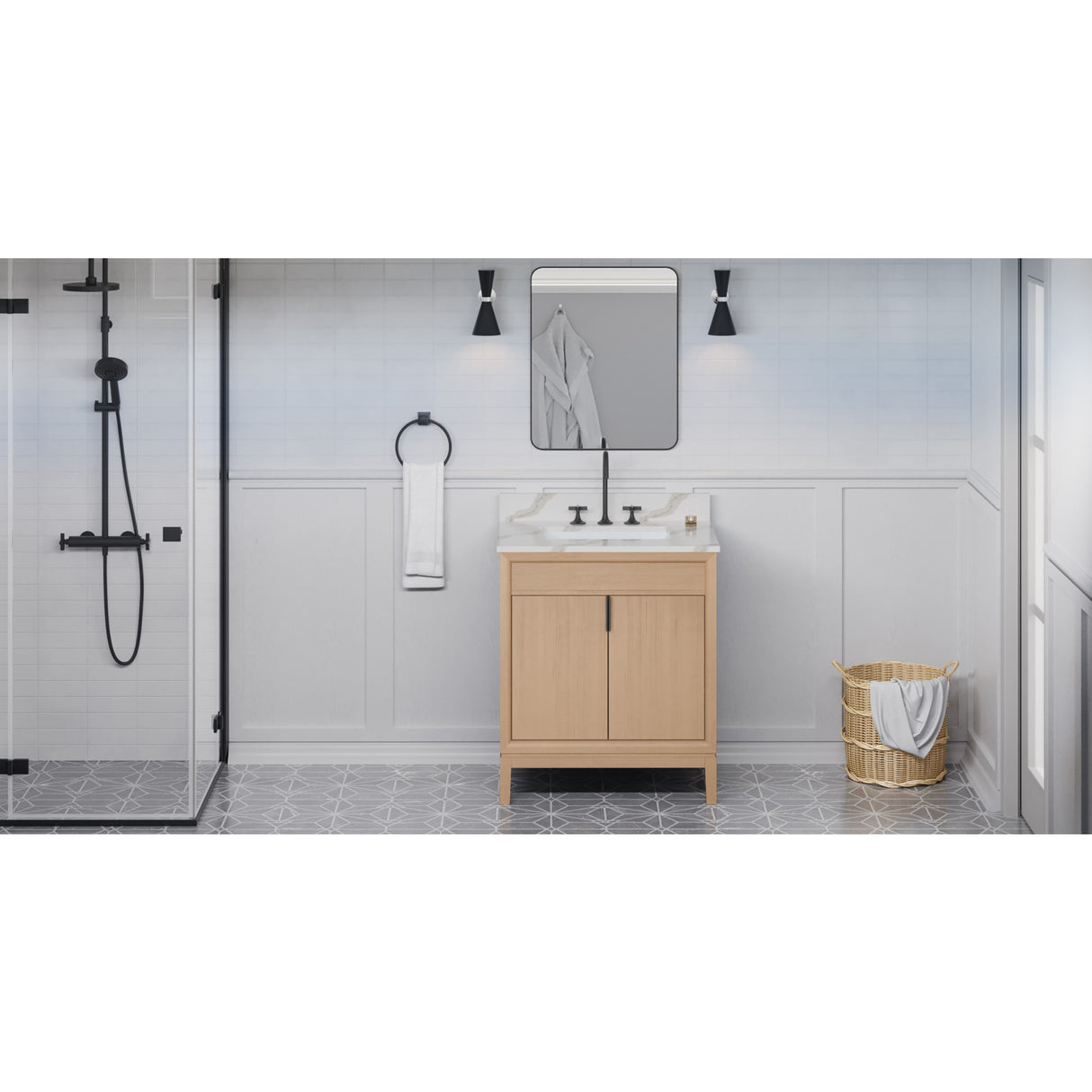 Jeffrey Alexander Theodora 30" Natural Oak Single Sink Bathroom Vanity with Calacatta Vienna Quartz Top - 8 in. Widespread Faucet Top