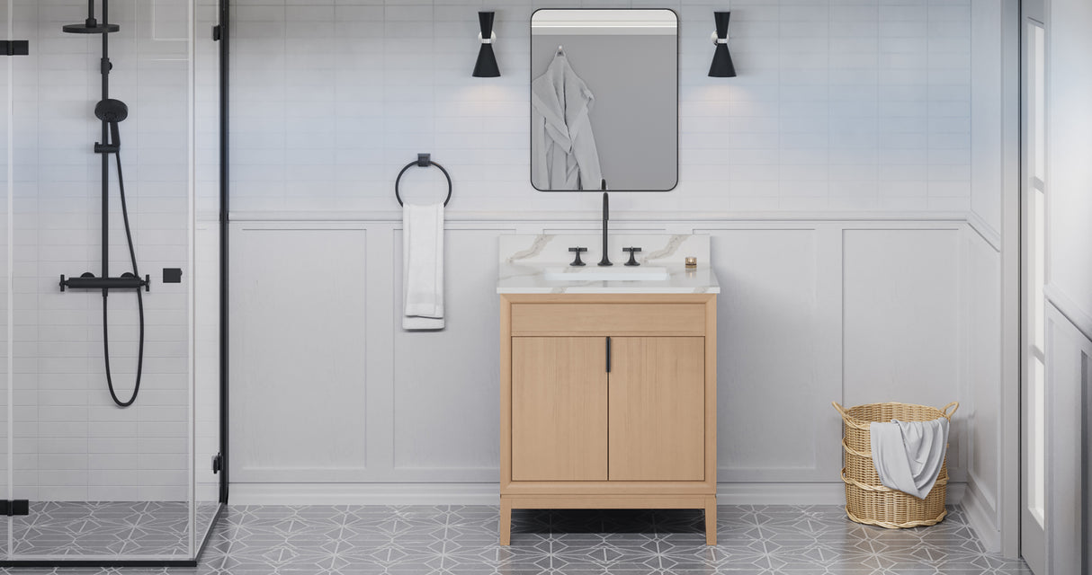 Jeffrey Alexander Theodora 30" Natural Oak Single Sink Bathroom Vanity with Calacatta Vienna Quartz Top - 8 in. Widespread Faucet Top product image 6