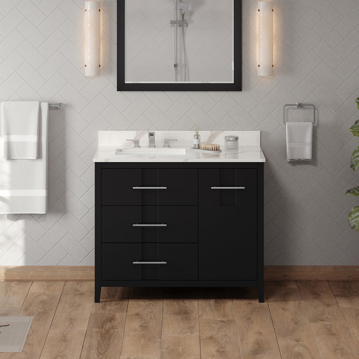 Jeffrey Alexander Katara 42" Black Single Sink Bathroom Vanity with Calacatta Vienna Quartz Top - 8 in. Widespread Faucet Top product image 2