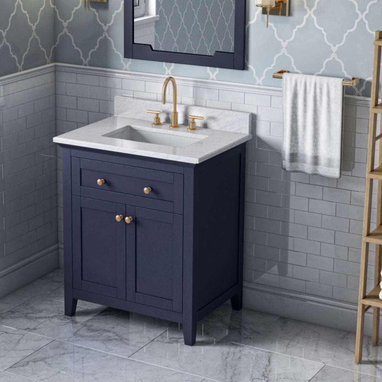 Jeffrey Alexander Chatham 30" Hale Blue Single Sink Bathroom Vanity with White Carrara Marble Top - 8 in. Widespread Faucet Top product image 2