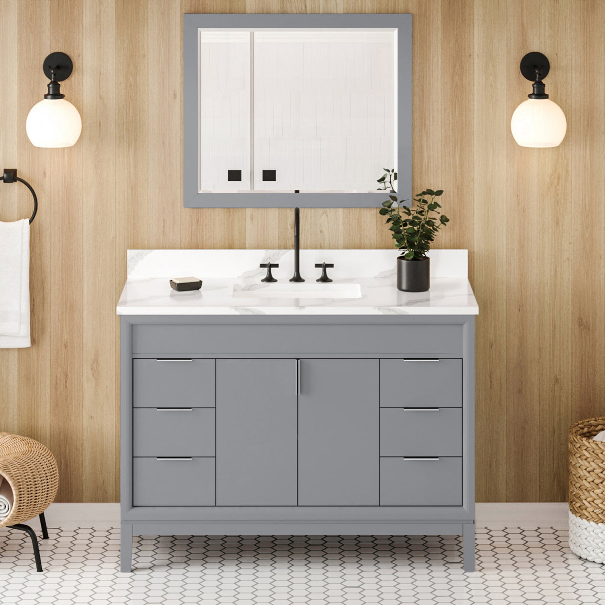 Jeffrey Alexander Theodora 48" Grey Single Sink Bathroom Vanity with Calacatta Vienna Quartz Top - 8 in. Widespread Faucet Top product image 2