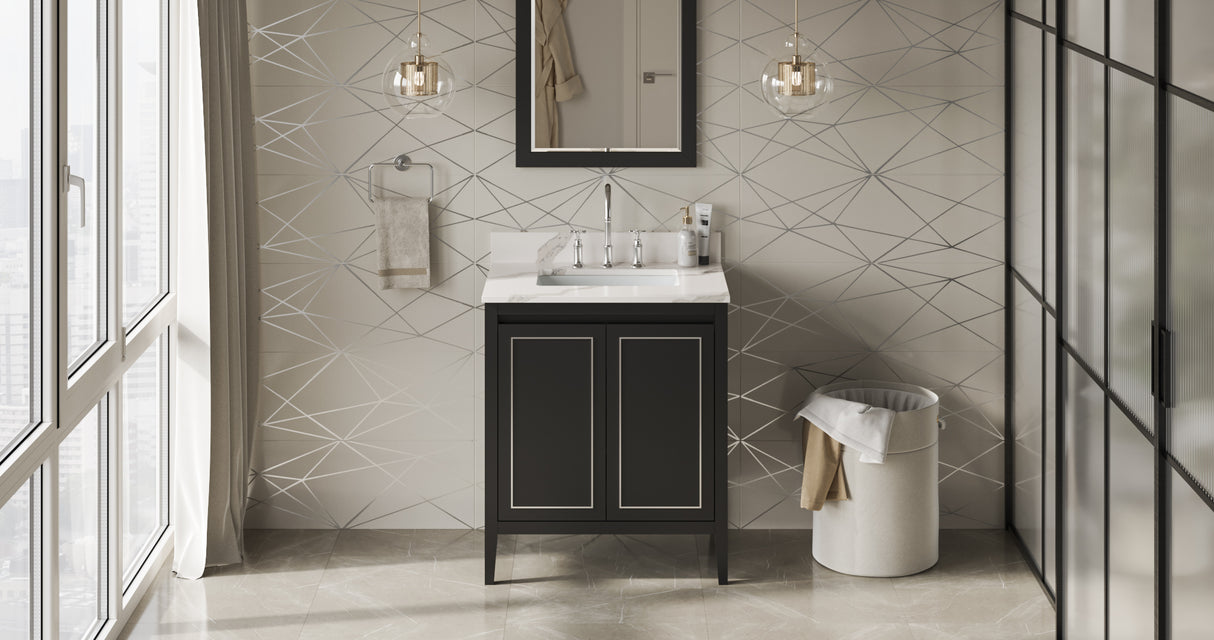 Jeffrey Alexander Percival 30" Black Single Sink Bathroom Vanity with Calacatta Vienna Quartz Top - 8 in. Widespread Faucet Top product image 7