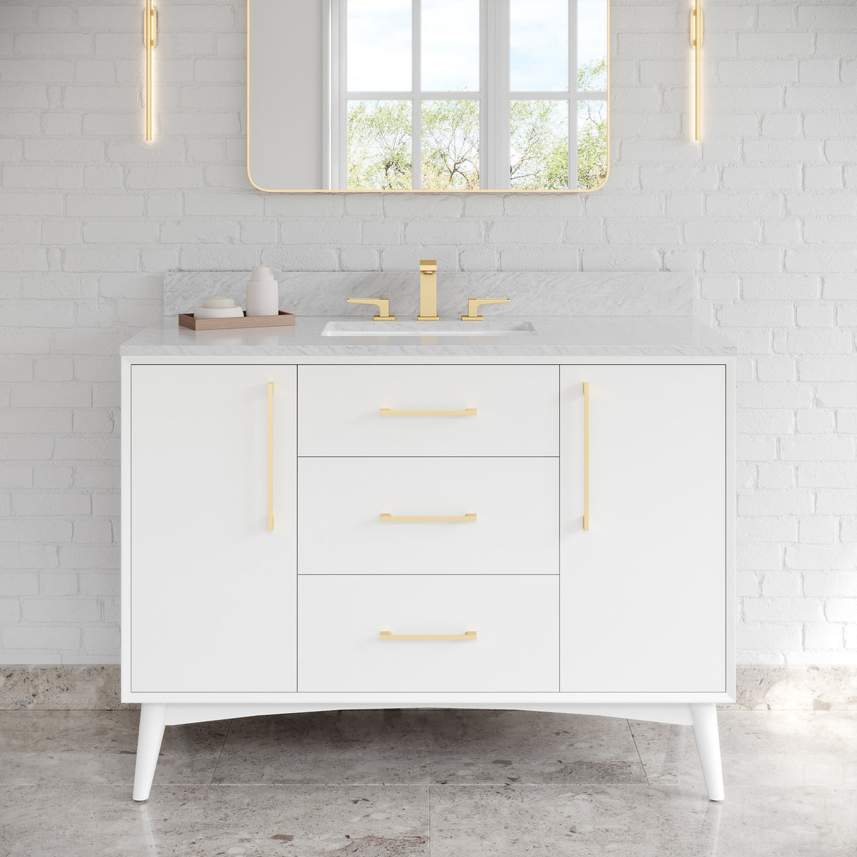 Jeffrey Alexander Dashwood White Single Sink Bathroom Vanity with White Carrara Marble Top - 8 in. Widespread Faucet Top - VKITDAS48WHWCR