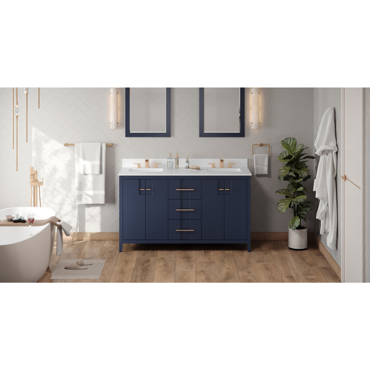 Jeffrey Alexander Katara 60" Hale Blue Double Sink Bathroom Vanity with White Quartz Top - 8 in. Widespread Faucet Top